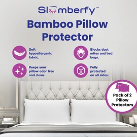 Queen Size Waterproof Bamboo Pillow Protector by Slumberfy - Premium Pillow Cases with Allergy Protection - Natural & Breathable Jacquard Pillow Covers 20x30 in - Pack of 2 Pillow Covers
