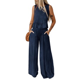 Dokotoo Two Piece Sets for Women Summer Sleeveless Round Neck Tank Tops Matching Sets for Women Pleated Elastic Waist Long Pants Blue Small