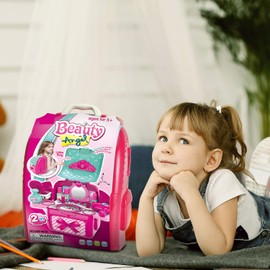 Shape28 Makeup Toy Play Set Cosmetic Bag Pretend Play Make Up 39 Pcs Backpack for Children not Real Makeup Nail Polish Shadow Brushes Toy for Girl 3 4 5 6 7