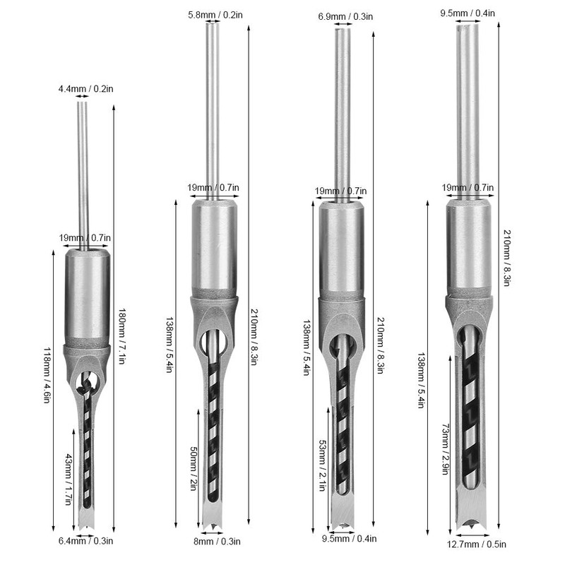 Woodworking Square Drill Bits Set, 4pcs Square Hole Drill Bits