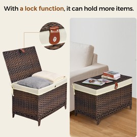 Honjourai Wicker Storage Basket with Lid,Rattan Shelf Basket with Removable Liner Bag,160L Storage Bin,Storage Trunk with Heightened Feet,Storage Container for Wardrobe,Home Organizer