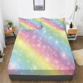 URLINENS Rainbow Fitted Sheet and Pillowcase Set Tie Dye Pastel Glitter Bed Sheet for Kids Girls Teens, Soft Microfiber Fun Girly Rainbow Bedding Decor 3 Piece Queen Rainbow Sheet Set