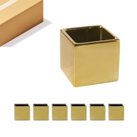 WGV Ceramic Cube Vase Bulk Width 6.5" Height 6" (Fits 6" Pot) Elegant Modern Block Square Floral Planter Terrarium Container Table Dresser for Event Accent Home Office Decor Gold 6 Pieces