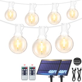 Mlambert 96Ft(2x48Ft) Solar String Lights, Outdoor Waterproof Patio Lights with 15 Shatterproof G40 Bulbs(2 Spare), Led Light for Backyard-White Wire