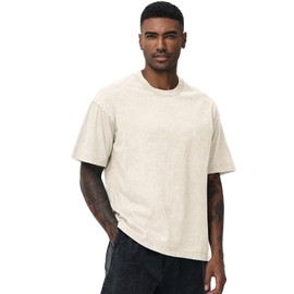 Men's Oversized Cotton T-Shirts Loose Fit Vintage Washed Tee Unisex Short Sleeve Casual Shirts Tops(Beige,m)