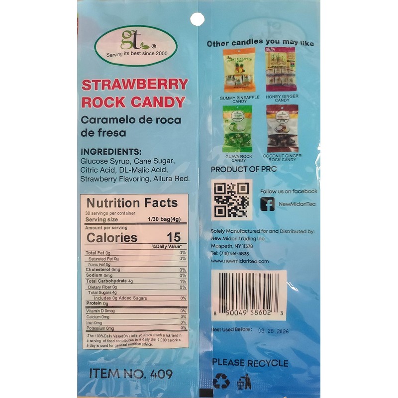 GT Strawberry Rock Candy, 4.23 Ounce Bag, 1 Pack