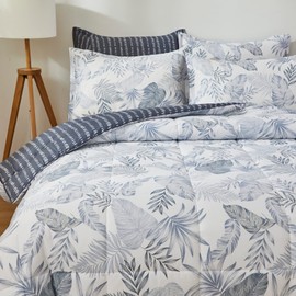 Lemfux King Size Comforter Set Blue 3Pcs Cotton Comforter Set with 2 Pillow Shams Reversible Plant Pattern White Comforter Bedding Sets, Lightweight Soft Breathable for All-Season