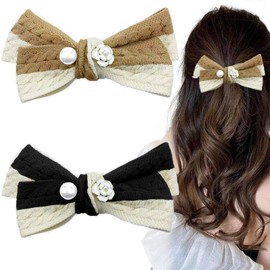 2 PCS Pearl Hair Bows Clips,Handmade Knitting Hair Clips Crochet Hair Accessories Hair Pins Large Hair Barrettes for Thick Thin Long Hair for Women and Girls