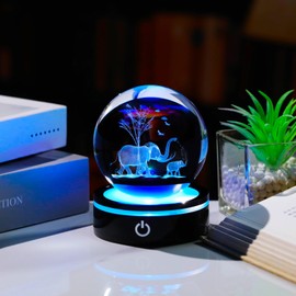 YWHL 3D Elephant Figurine Crystal Ball with Colorful Light Base, Glass Elephant Gifts for Women Mom on Birthday Christmas, Laser Engraved Elephants Statue Sphere Decor for Home Office(80mm)
