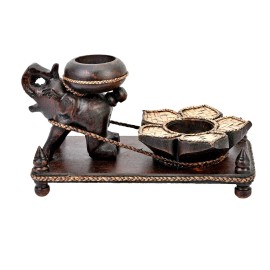 AeraVida Adorable Elephant Pulling a Lotus Flower Carved Rain Tree Wood Candle Holder