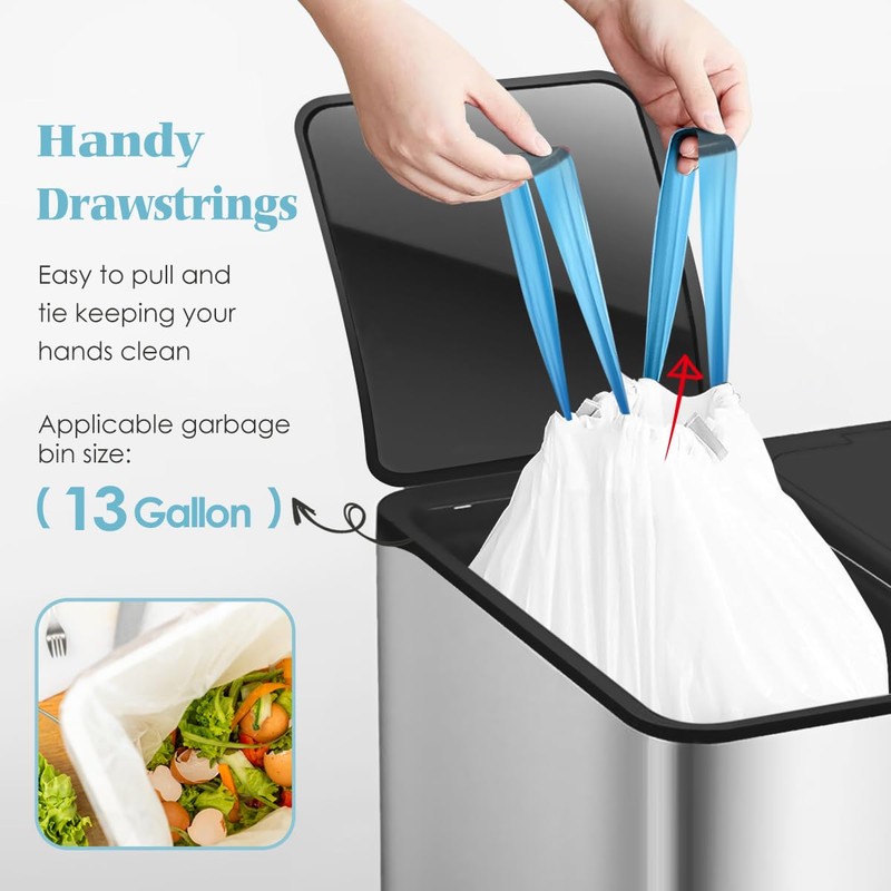 Teivio 13 Gallon 60 Counts Strong Tall Kitchen Drawstring Trash