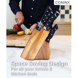 Coninx Universal Knife Block with Built-In Sharpener – 15-Slot Acacia Wood Knife Organizer Stand for Kitchen Counter – Non-Slip Holder Fits Chef, Bread, Steak Knives & Scissors