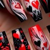 Black Red Heart Press on Nails Valentine's Day Fake Nails, Medium Coffin Press on Nails French Tip False Nails Full Cover with Heart Design Medium Stick on Nails for Women Nail Art Decorations 24Pcs
