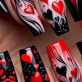 Black Red Heart Press on Nails Valentine's Day Fake Nails, Medium Coffin Press on Nails French Tip False Nails Full Cover with Heart Design Medium Stick on Nails for Women Nail Art Decorations 24Pcs