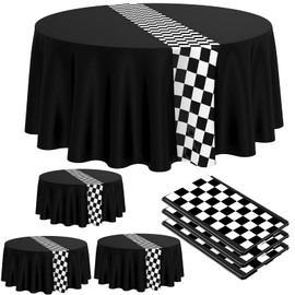 Oudain Cars Birthday Racing Decorations - Round Tablecloth, Checkered Flag Table Covers, Road Plastic Table Cloth, 1950s Disco Dancing Party Tablecloth (Black, 3 Pcs)