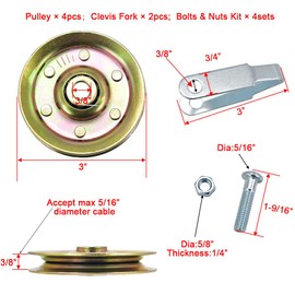 scottchen PRO 3" Heavy Duty Garage Door Pulley Kits, 3/8" Arbor 200LB Load, 4 Sheave Pulleys, 2 Clevis Forks, 4 Bolts and Nuts Kit