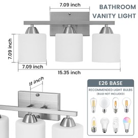 CANMEIJIA 3-Light Bathroom Vanity Light Fixture with Brushed Nickel, Vanity Lightsfor Bathroo,Bedroom Living Room, Modern Wall Sconces, Milky White Glass Shades, E26 Socket, Bulbs Not Included