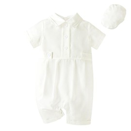 Dressy Daisy Baby Boy Baptism Outfit, Short Sleeve Christening Jumpsuit Romper, Beret Hat for Dedication Blessing, Size 1, White
