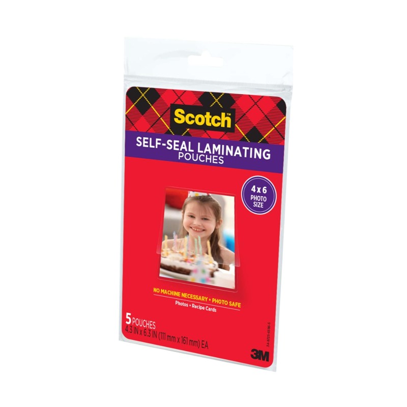 Scotch Self-Sealing Laminating Pouches, Gloss Finish, Photo Size 4 x