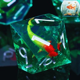 Moss and Koi Fish DND Dice Set - 7Pcs Sharp Edge Resin Dungeons and Dragons Polyhedral Game Dice for D&D RPG - Includes D20, D12, D10, D8, D6, D4 - Moss Agate Fish Design(Green)