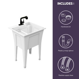 Freestanding Utility Sink with One Handle Black Faucet - 24" Plastic Utility Sink for Garage, Laundry, Indoor and Oudoor Use - Laundry Tub Kit by Noah William Home - White (19.5 gal)