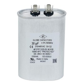 Capacitor (Oval) 30uF ±5%, 30MFD, 370V/440V Single Element CBB65 Motor Start, Recognized by Underwriters Laboratories (UL): GLOBE CAPACITORS