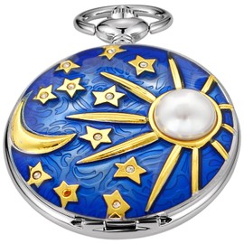 Relief Sculpture Sea Blue Stars and Moon Quartz Pocket Watch,for Men,Pocket Watches Necklace Inlaid Pearls Pocket Watch