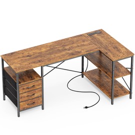 Huuger L-Shaped Desk - Power Outlets, 3 Drawers, 55" Office Desk with Shelves, Gaming, Rustic Brown