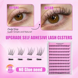 Self-Adhesive Eyelashes Kit 120PCS Reusable No-Glue Lashes Natural 10-13mm C Curl Self-Adhesive Lash Clusters Wispy Press-On Lashes Pre-Glued Individual Lashes with Tweezers，Remover At-Home Use