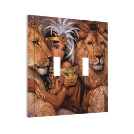 Afro Lion African American Black Woman Girl Egyptian Lady Wildlife Animal 2-Gang Double Toggle Device Switch Wallplate Electrical Decorative Outlet Light Switch Plate Standard Size Receptacle Cover