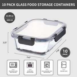 Wancilock 10 Pack 22 oz Glass Meal Prep Containers, Glass Food Storage Containers with Lids, Reusable Airtight Leakproof Glass Lunch Bento Boxes Freezer, Microwave Oven and Dishwasher, Gray