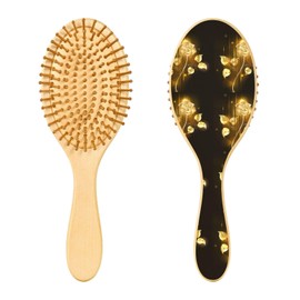 Paddle Brush Hair Brush, Round Wooden Pins Air cushion comb, Scalp massages Detangling Hair Hairbrush for Smoothing Hair Print Glowing Golden Roses Seamless on Black