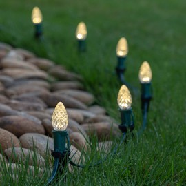 Wintergreen Lighting 25’ OptiCore LED C7 Warm White Pathway Christmas Lights, C7 White Christmas Lights, 4.5” Stakes, Green Wire Plug String Lights