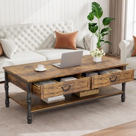 Garveehome 41" Wood Coffee Table with 2 Storage Drawers, Rustic Rectangular Living Room Tables w/Storage Shelf, Wooden Center Table for Living Room Office