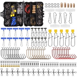 130pcs Fishing Swivel Snaps Set Fishing Accessories Tackle Box Kit Including Jig Hooks, Brass Copper Sinker Weights, Fishing Swivels Snaps, Sinker Slides, Fishing Gears Kit with Box