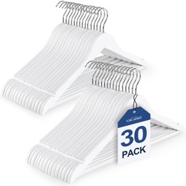 TOPIA HANGER Wooden Coat Hangers 30 Pack, White Wood Suit Hangers with Non Slip Pants Bar, 360° Swivel Hook and Shoulder Notches for Camisole, Jacket, Pants, Smooth Finish Clothes Hangers -CT34W30