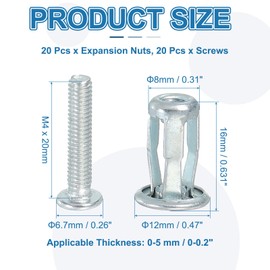 PATIKIL Expansion Screw Petal Nuts M4 x 20mm, 20 Pcs Jack Nut Carbon Steel Petal Shape Rivet Nut Insert Nuts Fasteners with Screws Assembly for Hollow Wall Thin Soft Wall Iron Skin