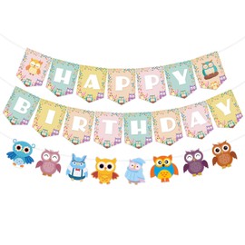 Owl Birthday Party Banners, Cute Owl Theme Party Supplies - Forest Animals Happy Birthday Banner Garland Colorful Woodland Themed Flag Bunting Banners for Bday Baby Shower