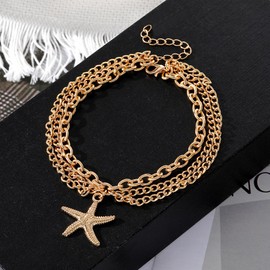 ZDIFDIC Boho Ankle Bracelets for Women Layered Chain Snake Starfish Pendant Anklets Beach Charm Anklet Punk Summer Foot Chain Jewelry Three-Layer Dangle Chain Barefoot Jewelry Gift（Gold Star）
