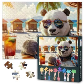 Panda Puzzles for Adults Panda Relaxing at Beachfront Bar Jigsaw Puzzles 1000 Pieces for Adults Difficult Challenging Puzzle as Gifts Perfect for Family Friends Party 27.5"X19.7"