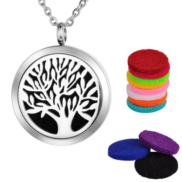 VALYRIA Aromatherapy Essential Oil Diffuser Necklace-Stainless Steel Tree of Life Locket Pendant,11 Refill Pads (Non-engraving)