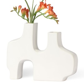 Torre & Tagus Abstract Duo Matte White Ceramic Vase for Flowers - 9 Inch Tall Vase for Table Centerpiece Minimalist Shelf Decor (11.5" W x 9" H White)