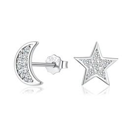 Loutade Women's Silver Stud Earrings, 925 Sterling Silver Star Stud Earrings with Cubic Zirconia, Hypoallergenic Star Stud Earrings, Silver 925 Small, Cute Cartilage Sleeping Flat Stud Earrings Silver