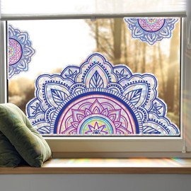 LOONELO Mandala Suncatcher Window Clings, Watercolor Yoga Flower Anti-Collision Vinyl Decals for Glass Windows, Bird Strike Prevention, Rainbow Prism Window Film for Home & Meditation Decor