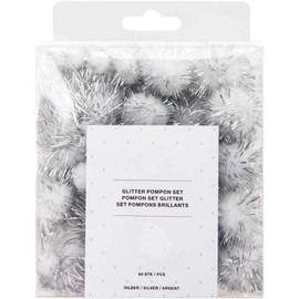 CRAFTY CAPERS 60 Tinsel Craft Pom Poms - Silver Glitter (10 to 45mm)