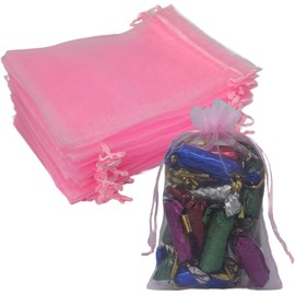 Jwsqmc 5 x 7 Inch Organza Gift Bag with Drawstring for Jewelry,Candy,Set of 100 Pink Sachet,Sheer Fabric Mesh Pouches transparentes reutilizables para la ducha del bebé, cumpleaños para hombres