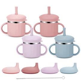 Upgrade Stainless Steel Baby Sippy Cups, 7.4 Oz Spill Proof Toddler Straw Cups, 3 Stages Training Cup for Toddlers 1-3 Year, Kid Cups with Silicone Sheel and Straws, 4 Colors (Coral+Blue+Pink+Purple)
