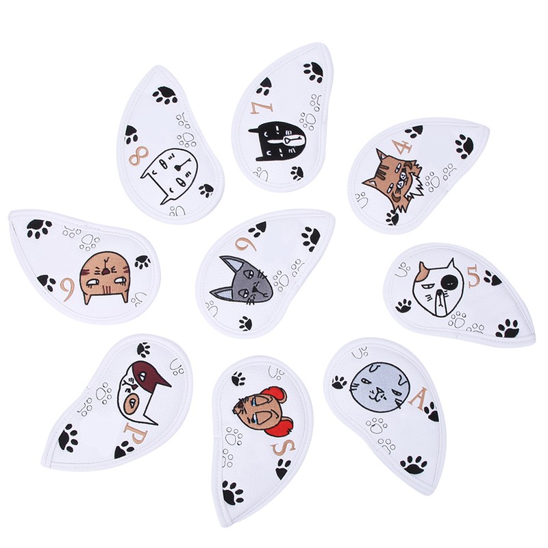 9PCS PU Leather Embroidery Waterproof Golf Putter Head Cover Iron