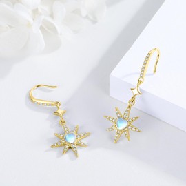 ABIGY Octagonal Star Women's Earrings 925 Sterling Silver Heart Shaped Moonstone Earrings Moonstone Jewellery for Women, Sterling Silver, No Gemstone