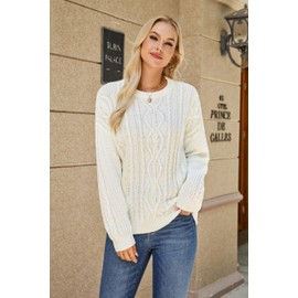 QIANSIQIANBO Women's Cable Knit Sweaters Oversized Crewneck Long Sleeve Chunky Pullover Top Loose Casual Winter Sweaters (S) Beige White